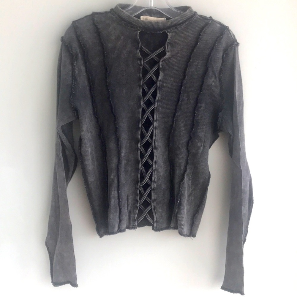 Gilded Intent Gray Distressed Lattice-Front Long Sleeve Top
